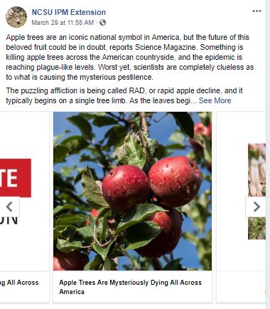 NC IPM Facebook Post on Apple Trees Dying Across America